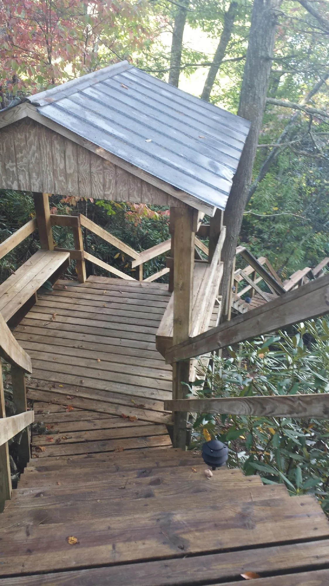 Metal roofed shelter over wooden steps on a wooded walkway — Skylight Repair & Installation work by our crew in Ripplemead